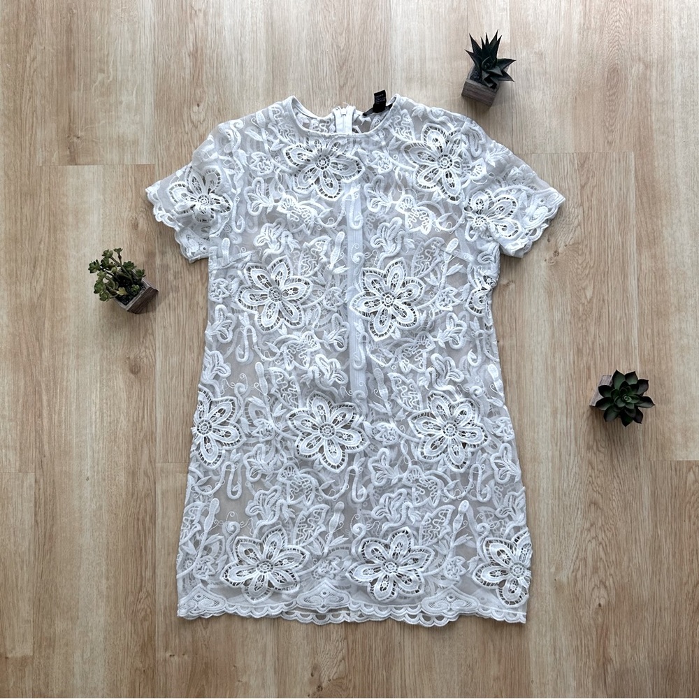 White Sheer Floral Lace Shirt Dress